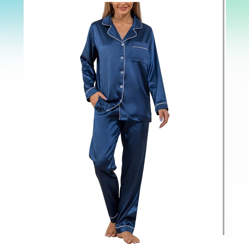 Navy Blue Satin Pajama Set with White Piping